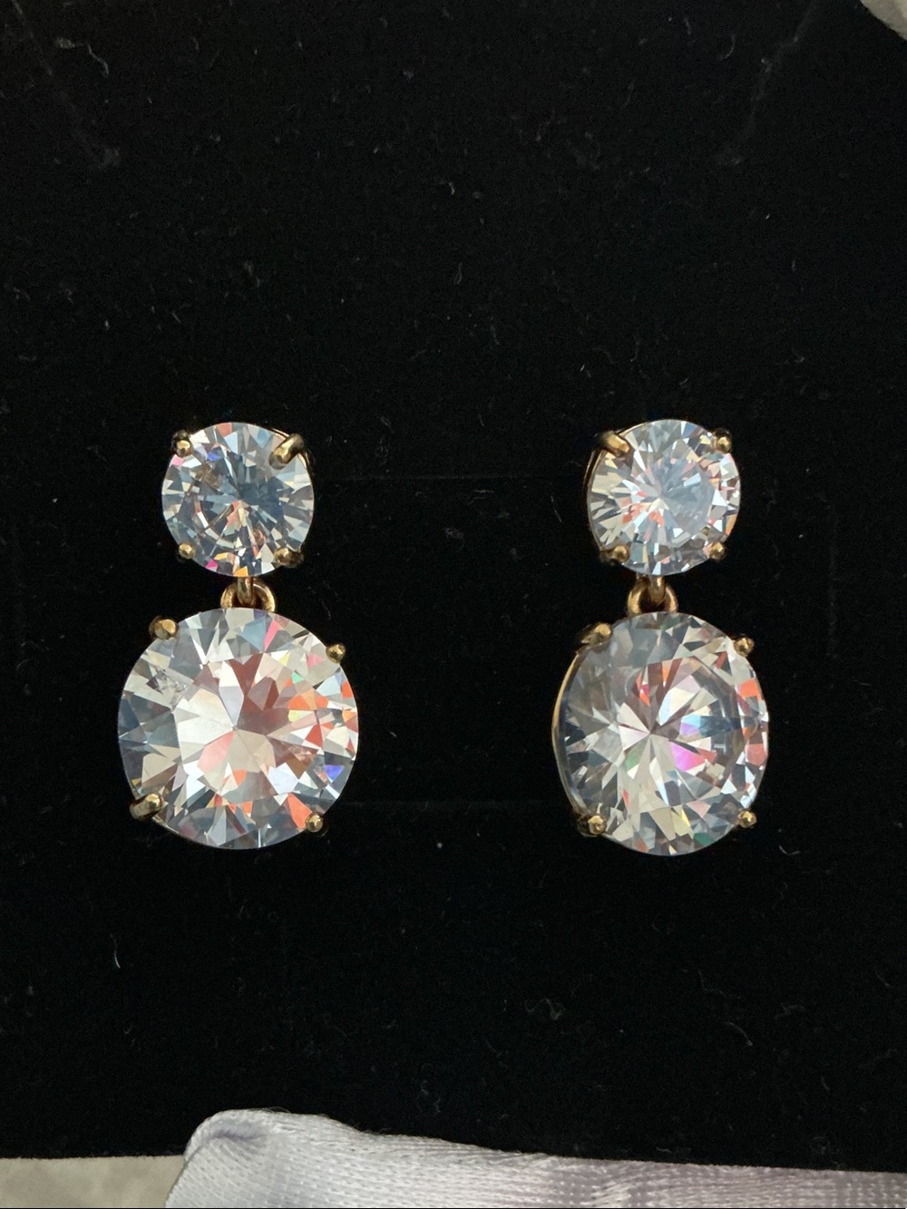 Gold Tone Double Round Crystal Drop Earrings - Clear